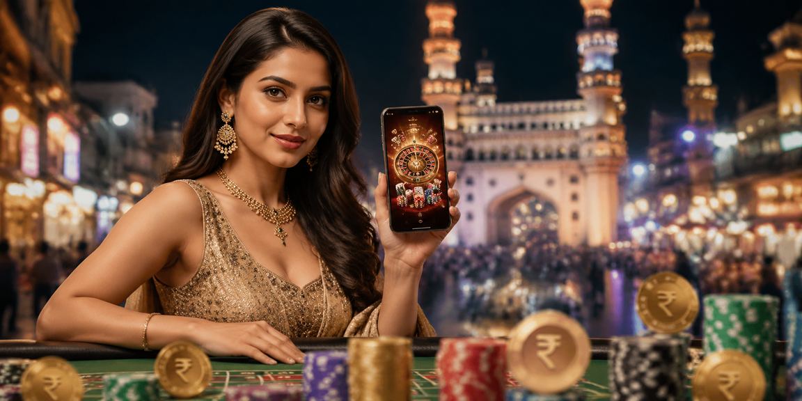 Mobile live casino app interface shown with Hyderabad Charminar in background