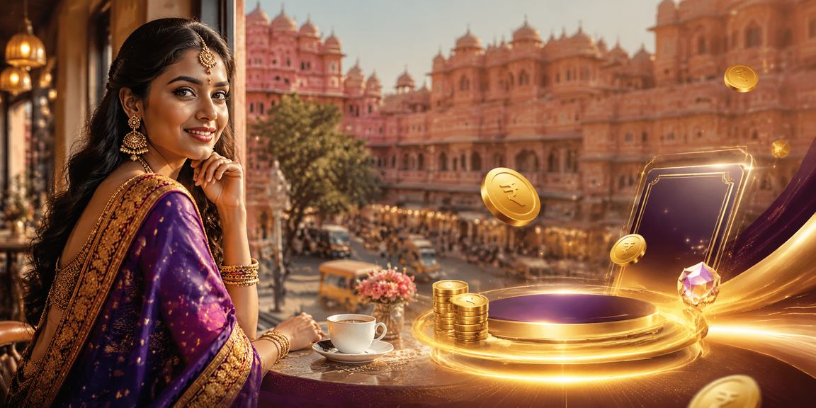 VIP casino bonus scene with Indian Rupee symbols in Jaipur setting